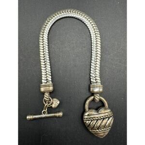 Brighton Silver Tone Ribbed Rope Heart Lock Snake Toggle Statement Bracelet
